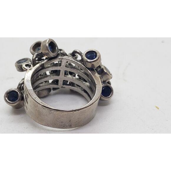 Vintage Sterling Silver Multi Dangle Blue Glass Charm Ring Size 6.5 Boho Moves - Picture 3 of 4